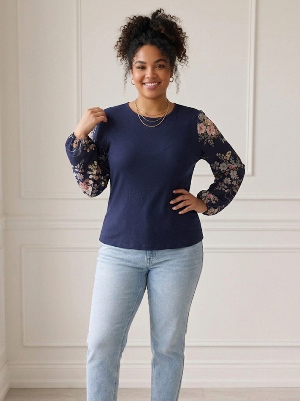 Navy Long-Sleeve Top with Floral Balloon Sleeves